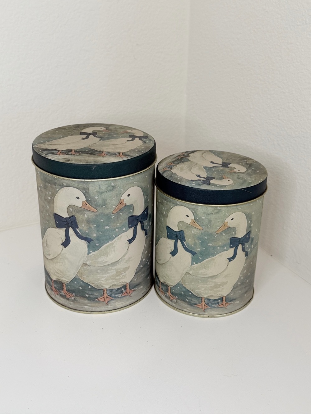 Vintage Duck Print Decorative Tin Canisters - Set of 2, Blue Accent